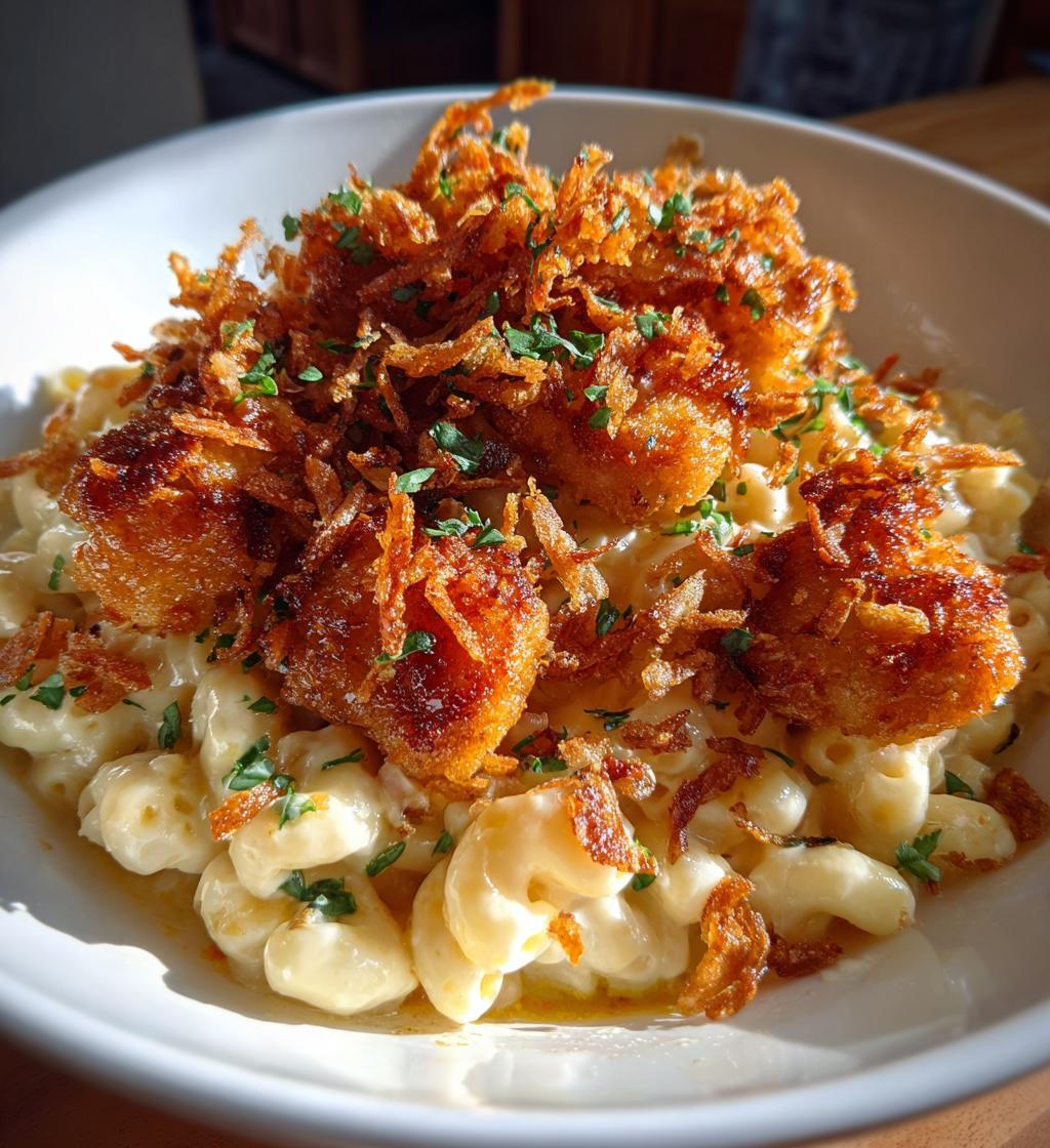 garlic butter chicken bites cajun alfredo mac with crispy onion topping - detail 1