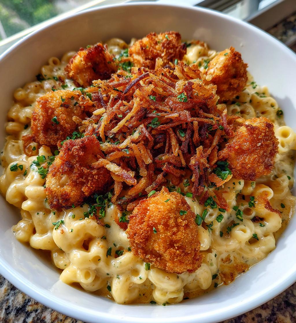 garlic butter chicken bites cajun alfredo mac with crispy onion topping