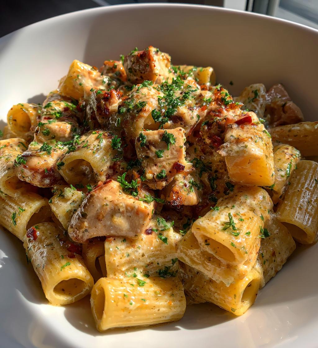 garlic butter chicken rigatoni in creamy parmesan sauce - detail 1
