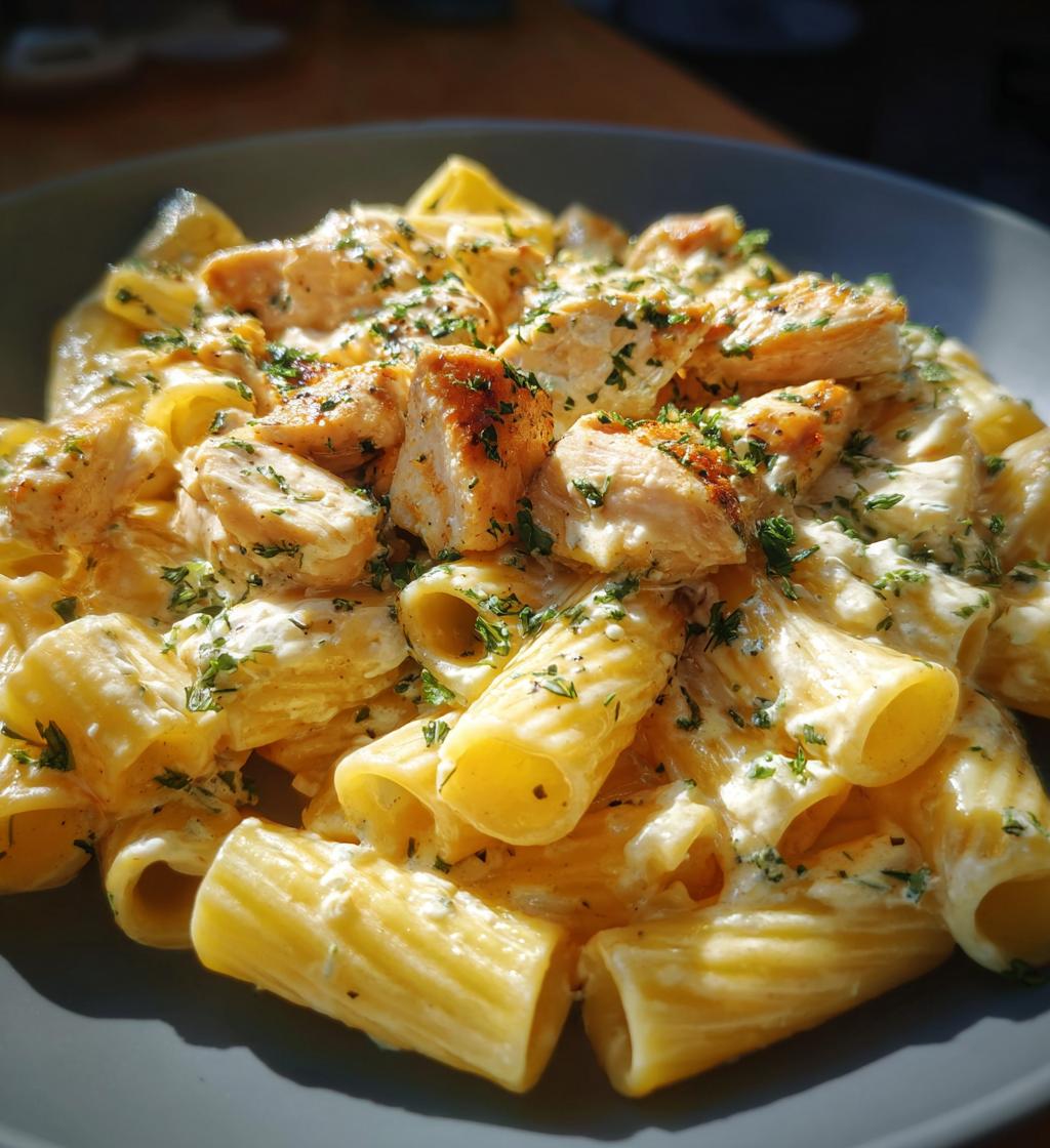 garlic butter chicken rigatoni in creamy parmesan sauce