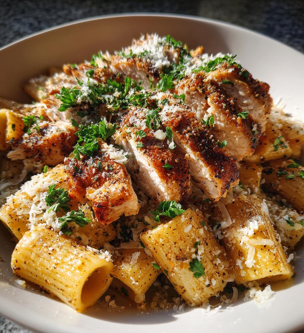 garlic butter chicken with rigatoni and parmesan