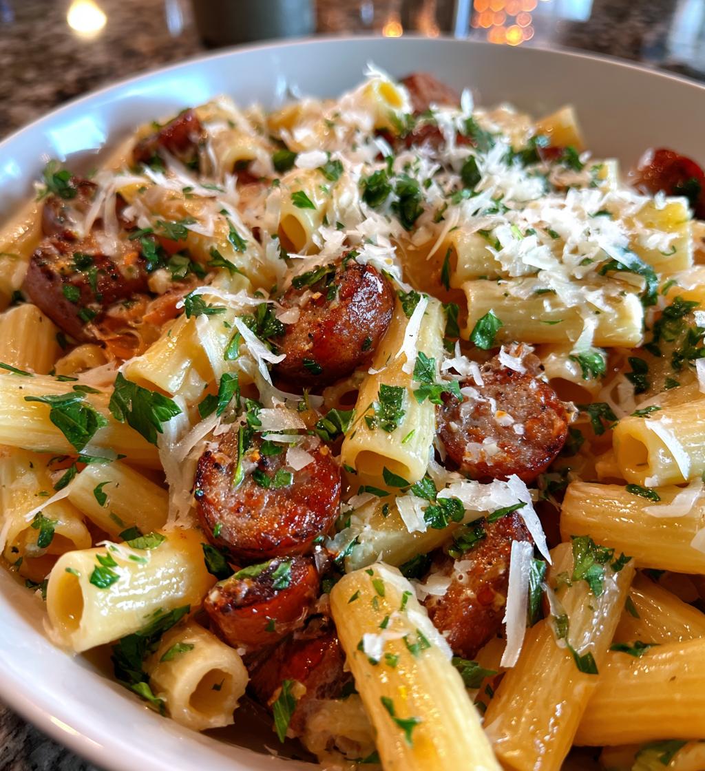 garlic butter sausage pasta - detail 1