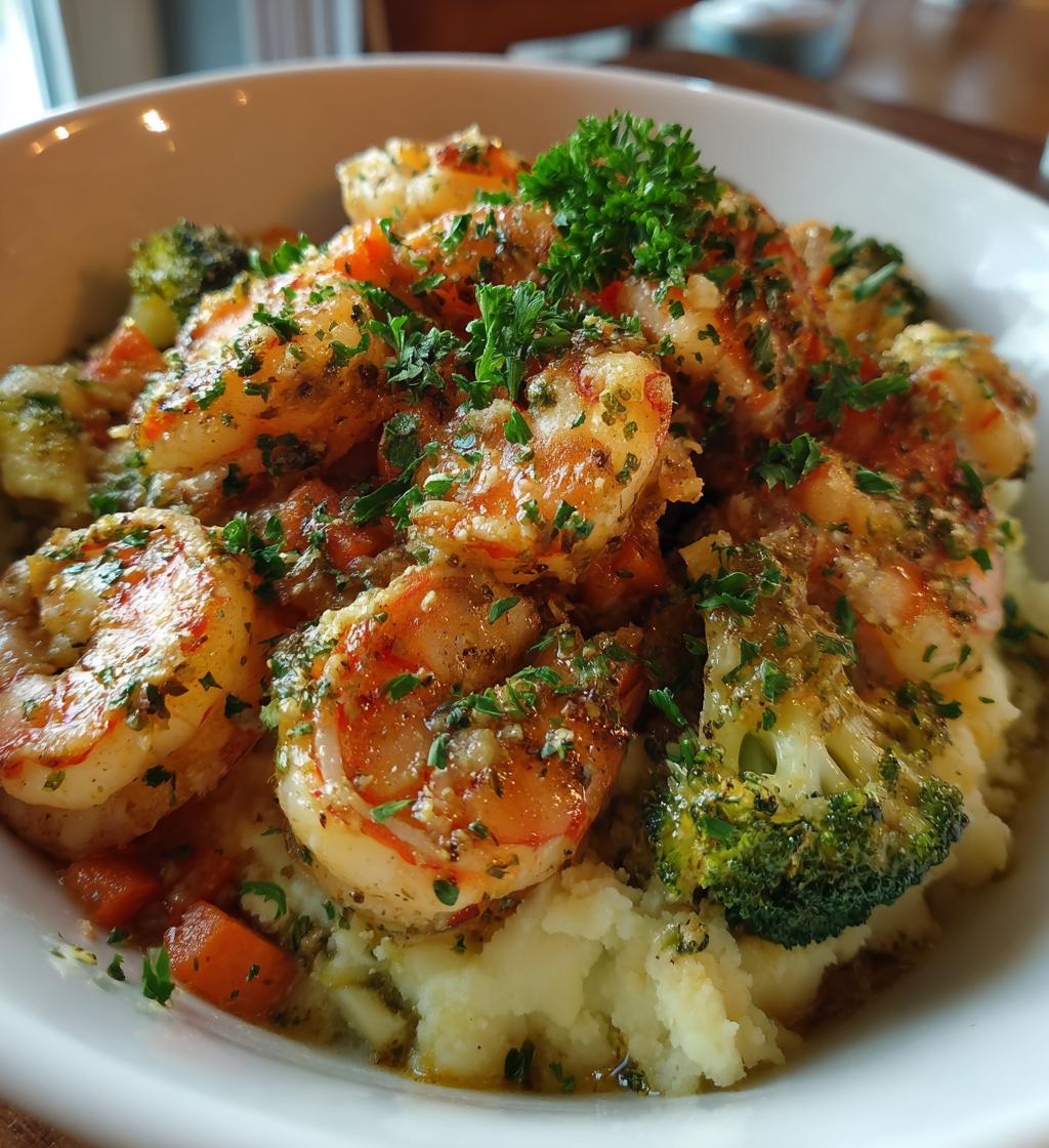 garlic butter shrimp veggie mash bowl - detail 1