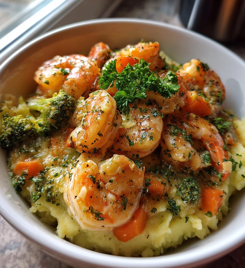 garlic butter shrimp veggie mash bowl