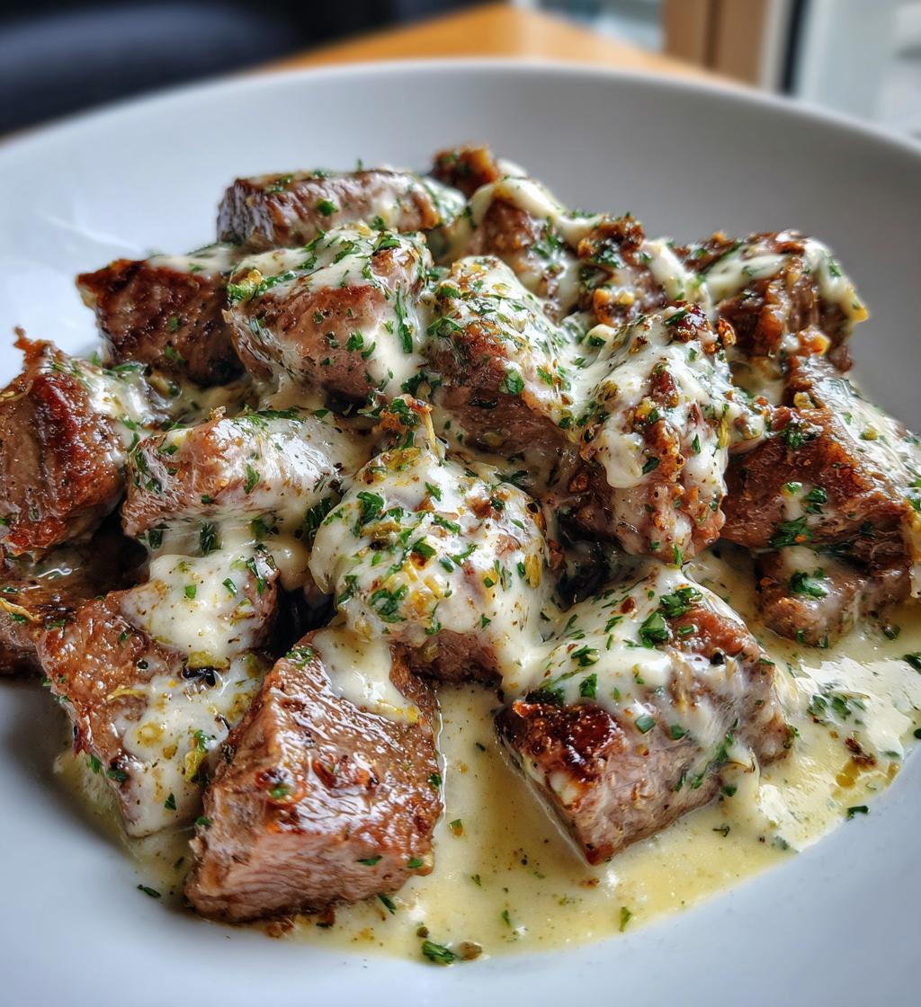 garlic butter steak bites with parmesan cream sauce - detail 1