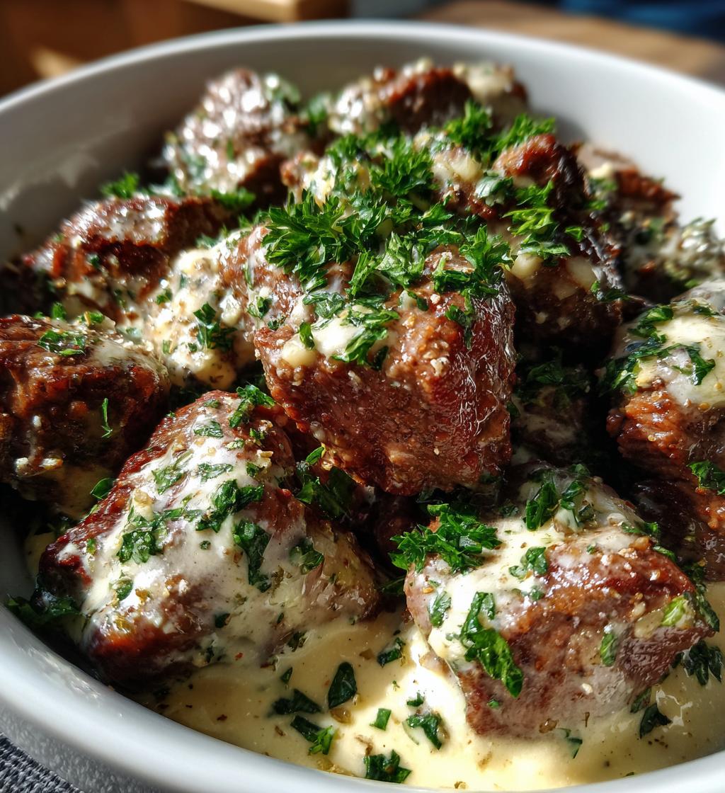 garlic butter steak bites with parmesan cream sauce - detail 1