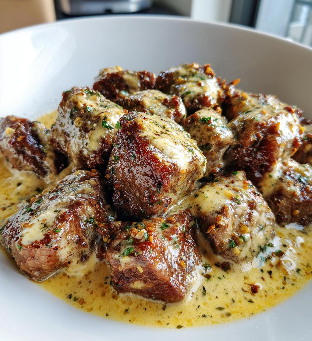 garlic butter steak bites with parmesan cream sauce