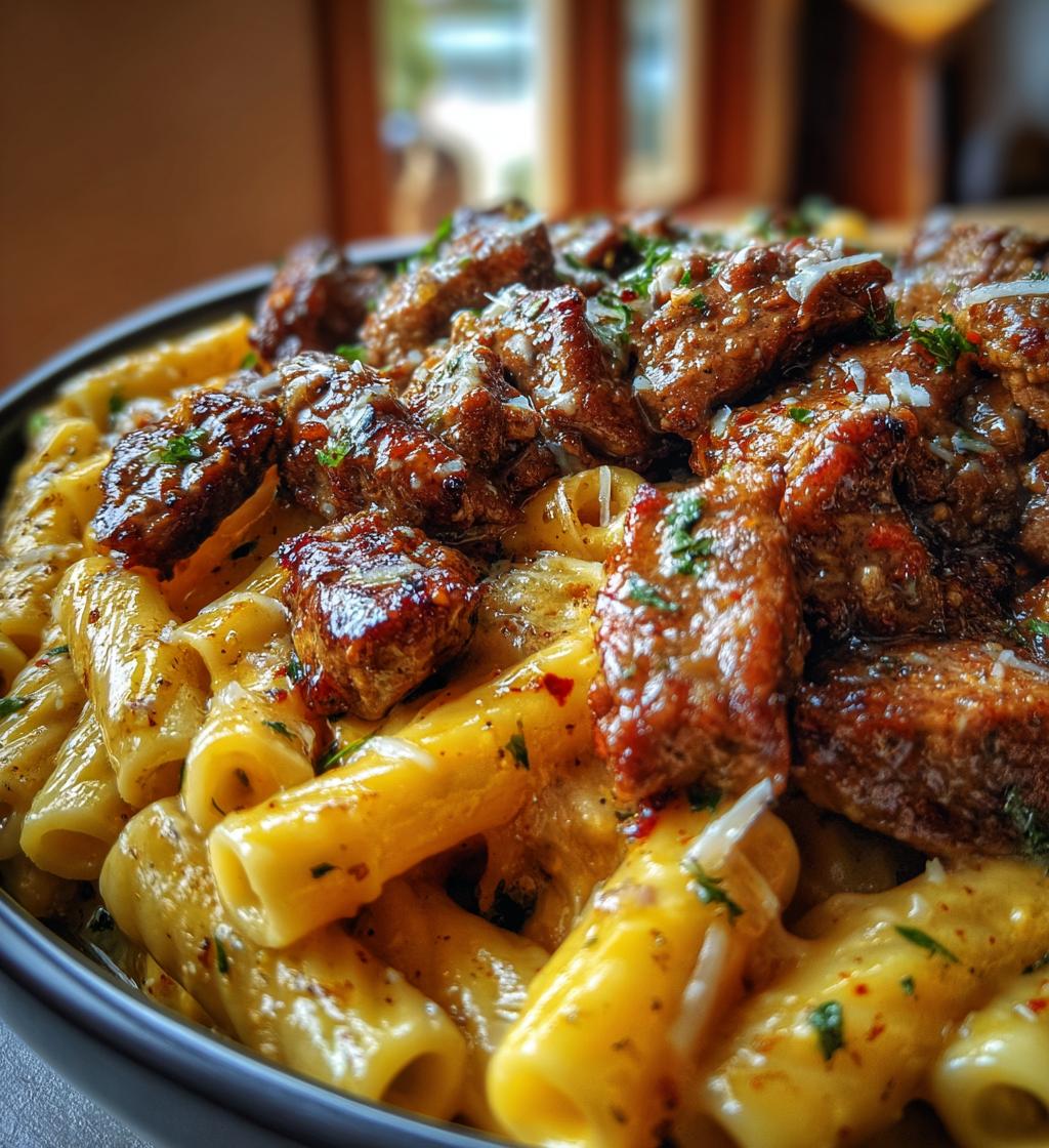 garlic butter steak tips with cheesy rigatoni - detail 1