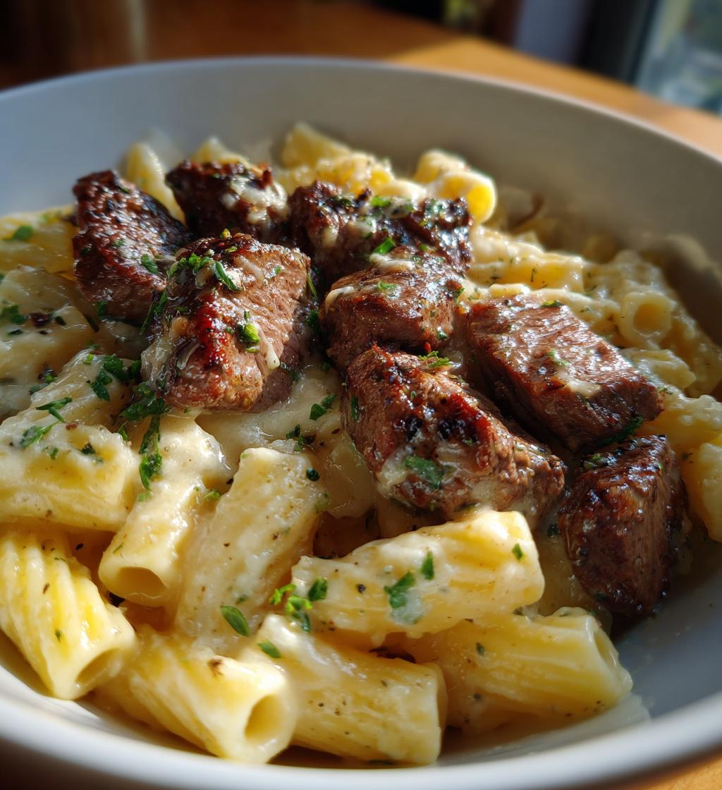 garlic butter steak tips with cheesy rigatoni - detail 1