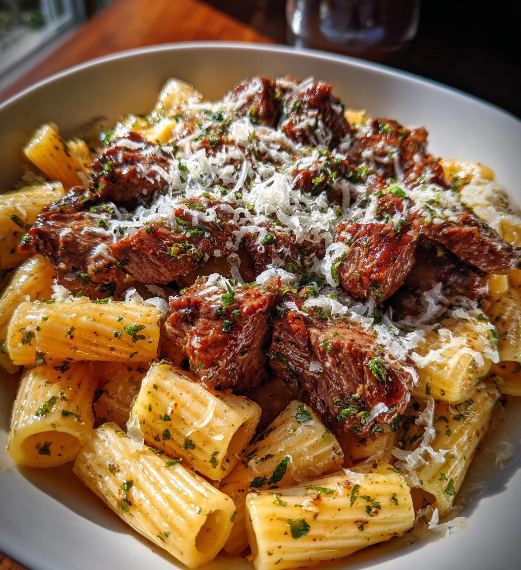 garlic butter steak tips with cheesy rigatoni
