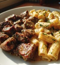 garlic butter steak tips with cheesy rigatoni