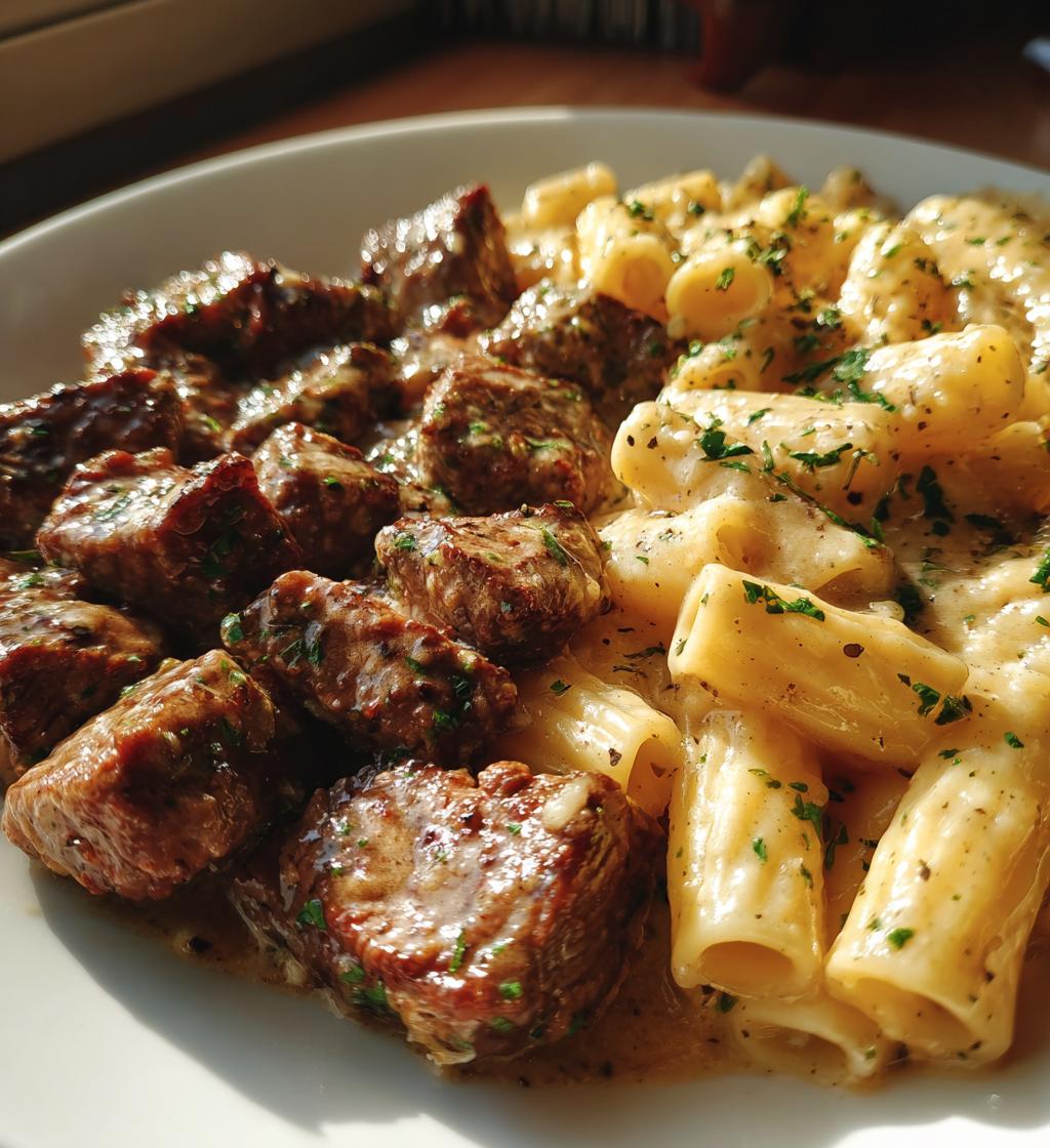 garlic butter steak tips with cheesy rigatoni