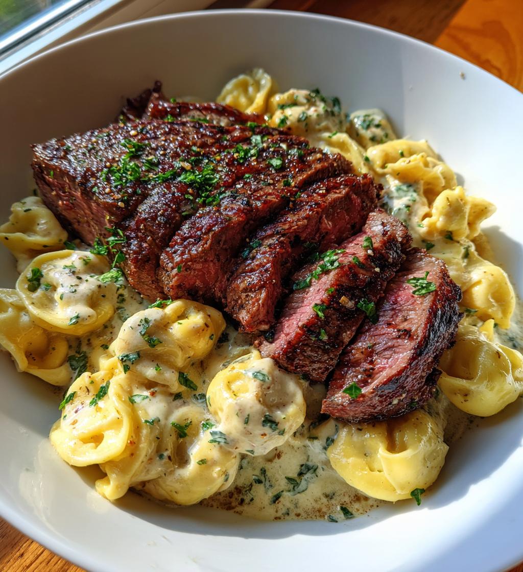 garlic butter steak with cheesy alfredo tortellini - detail 1