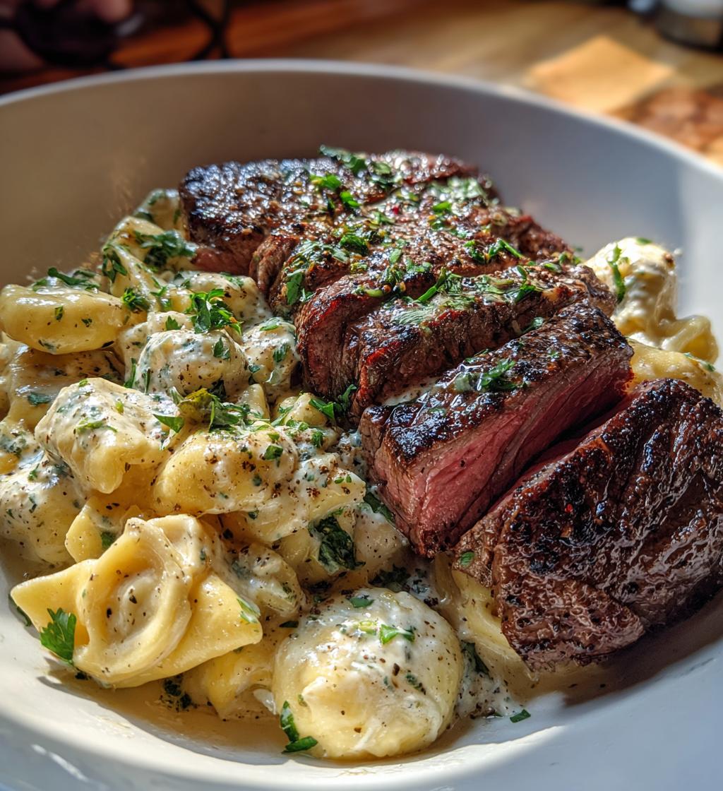 garlic butter steak with cheesy alfredo tortellini