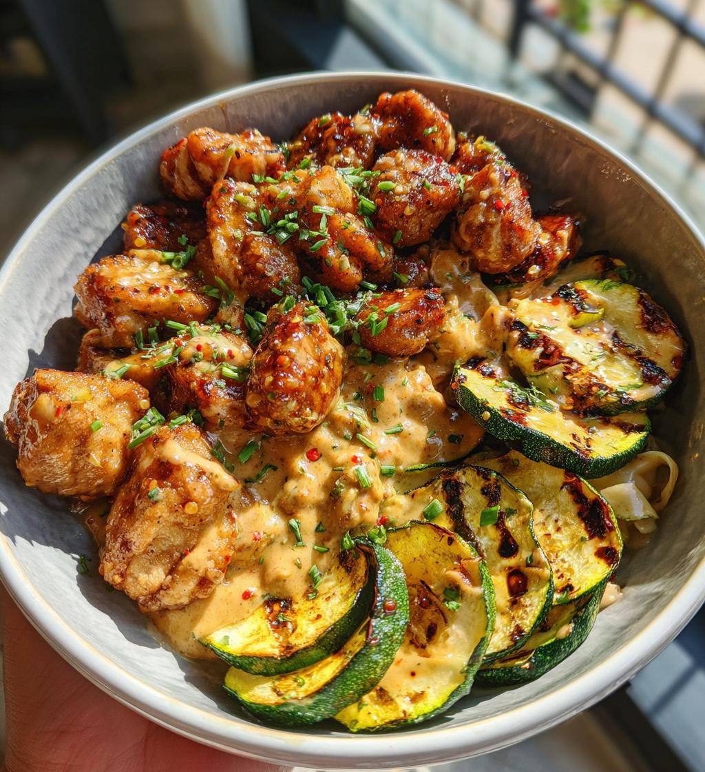garlic chili oil chicken bites cajun alfredo with charred zucchini twists - detail 1