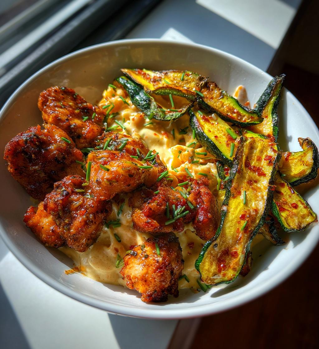 garlic chili oil chicken bites cajun alfredo with charred zucchini twists