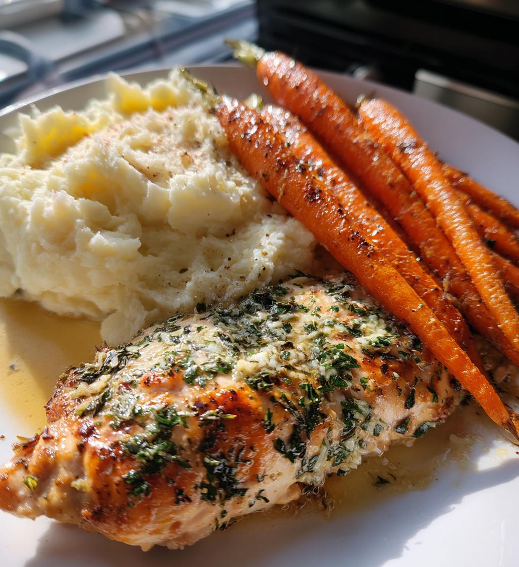 garlic herb chicken with creamy mash roasted carrots - detail 1