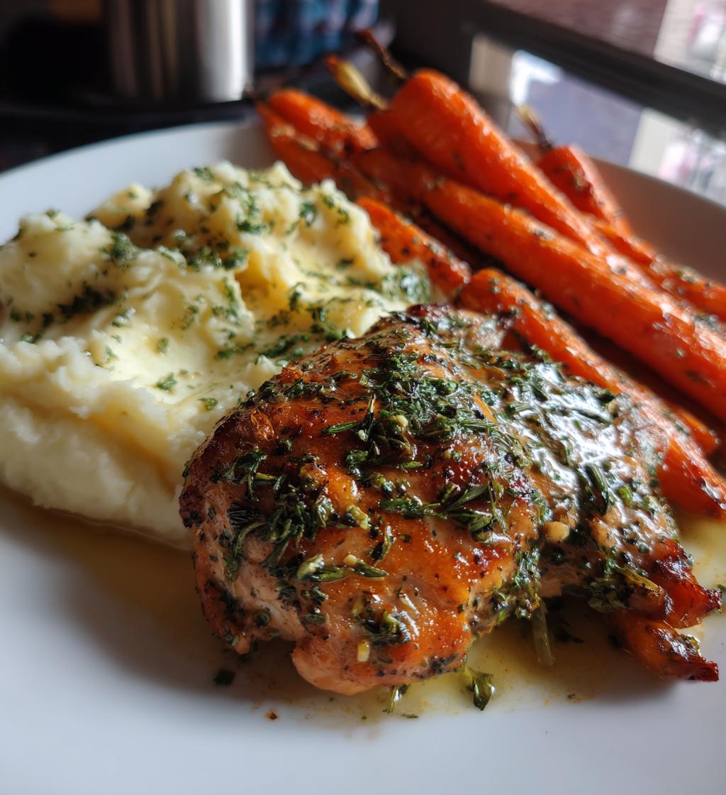 garlic herb chicken with creamy mash roasted carrots