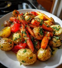 garlic herb roasted potatoes and veggies