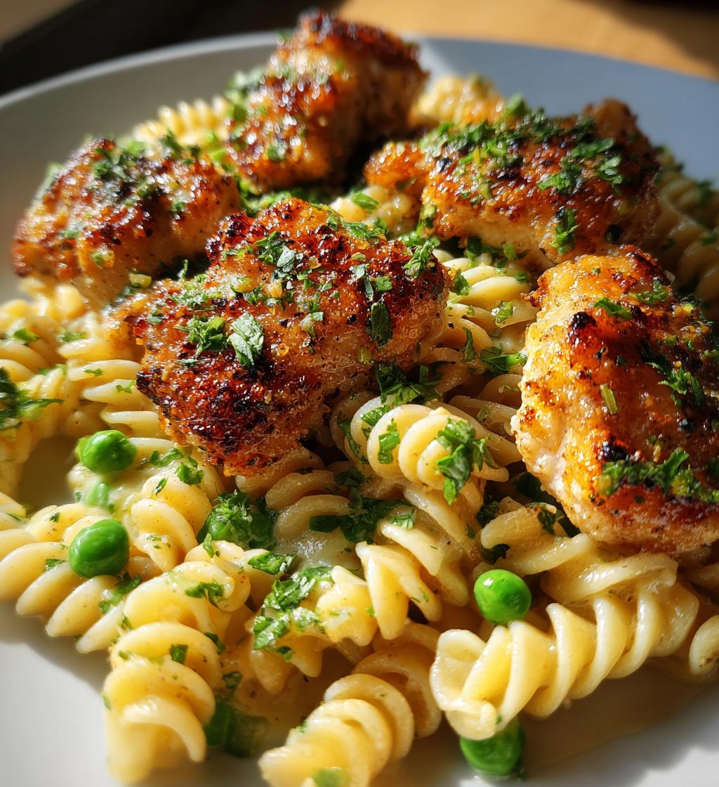 garlic parmesan chicken bites with creamy rotini