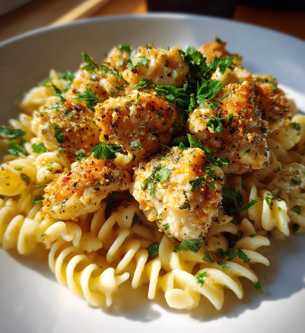 garlic parmesan chicken bites with creamy rotini