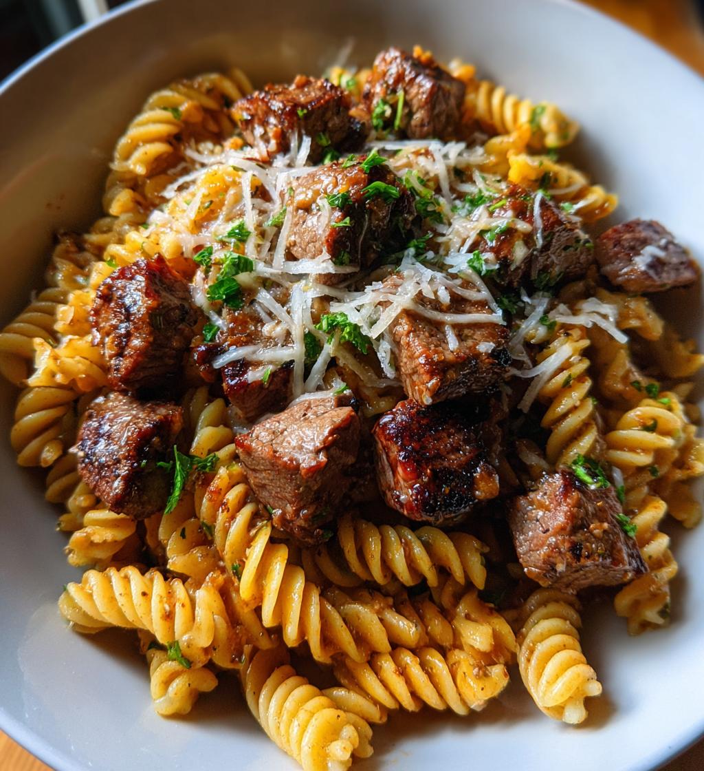 garlic parmesan steak bites with cajun twisted pasta - detail 1