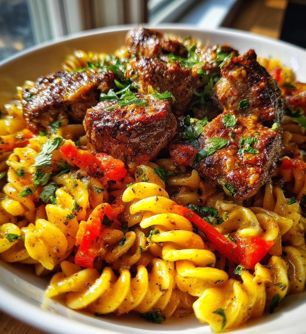 garlic parmesan steak bites with cajun twisted pasta
