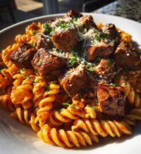 garlic parmesan steak bites with cajun twisted pasta