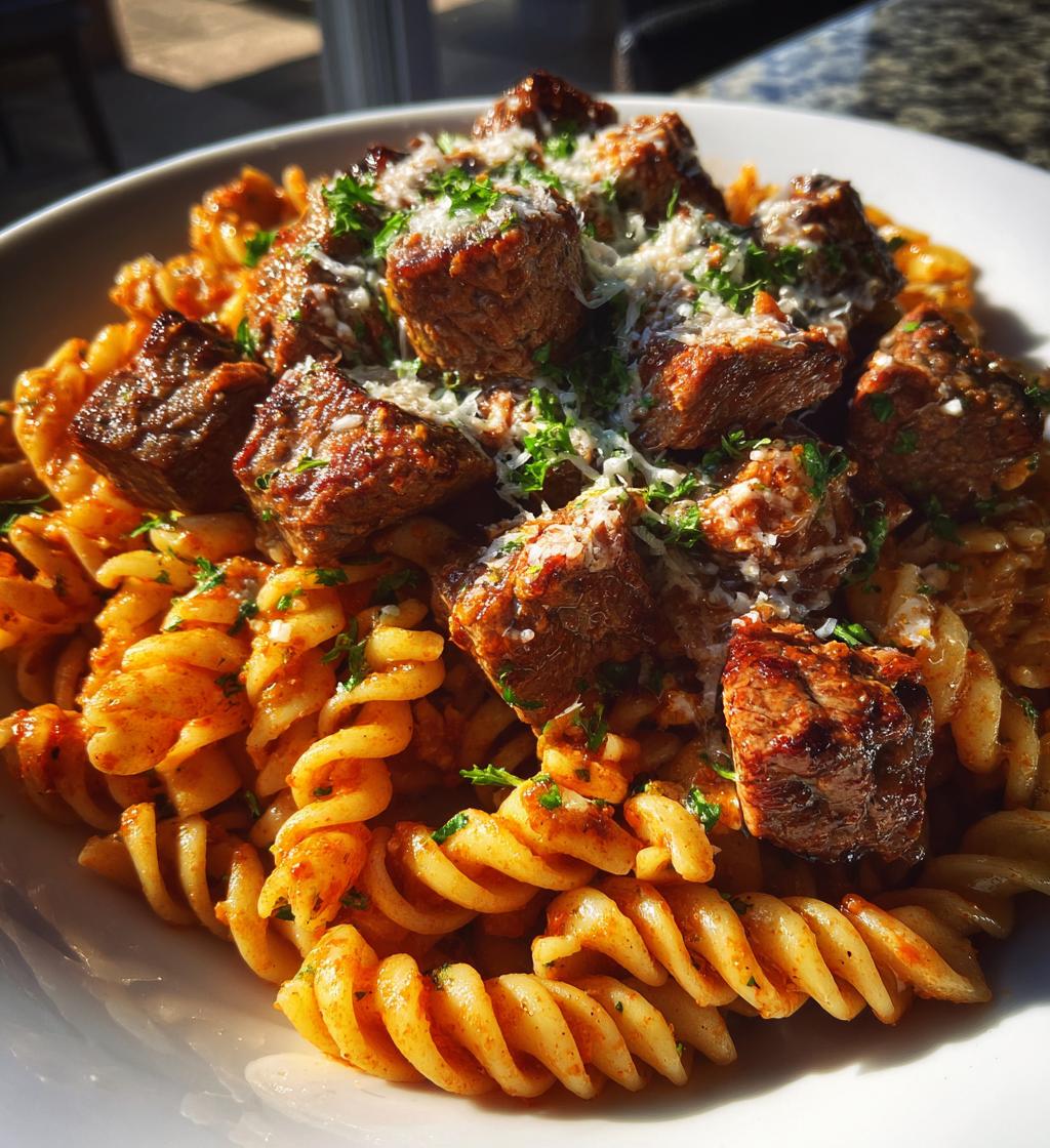 garlic parmesan steak bites with cajun twisted pasta