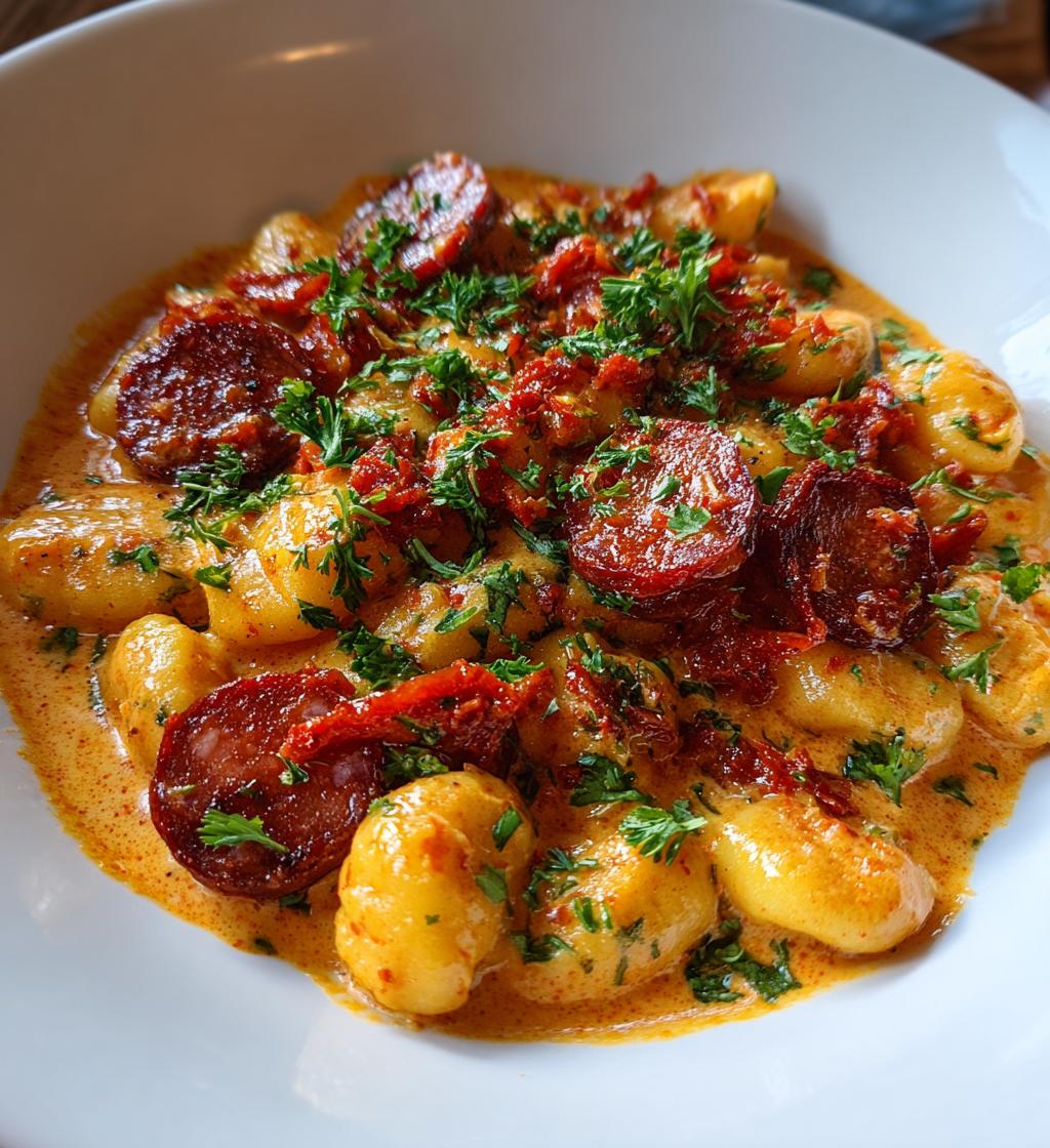 gnocchi with chorizo and creamy harissa sauce - detail 1