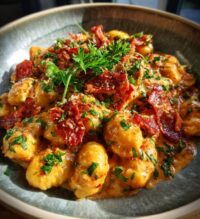 gnocchi with chorizo and creamy harissa sauce