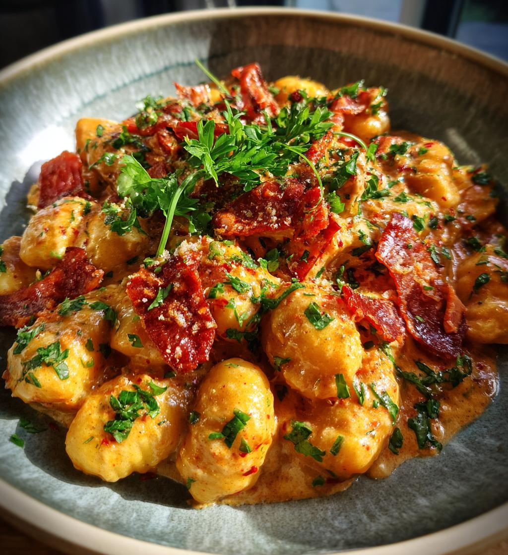 gnocchi with chorizo and creamy harissa sauce