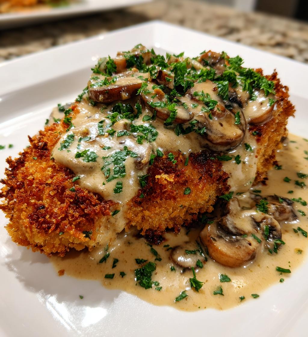 golden crispy chicken with parmesan mushroom sauce