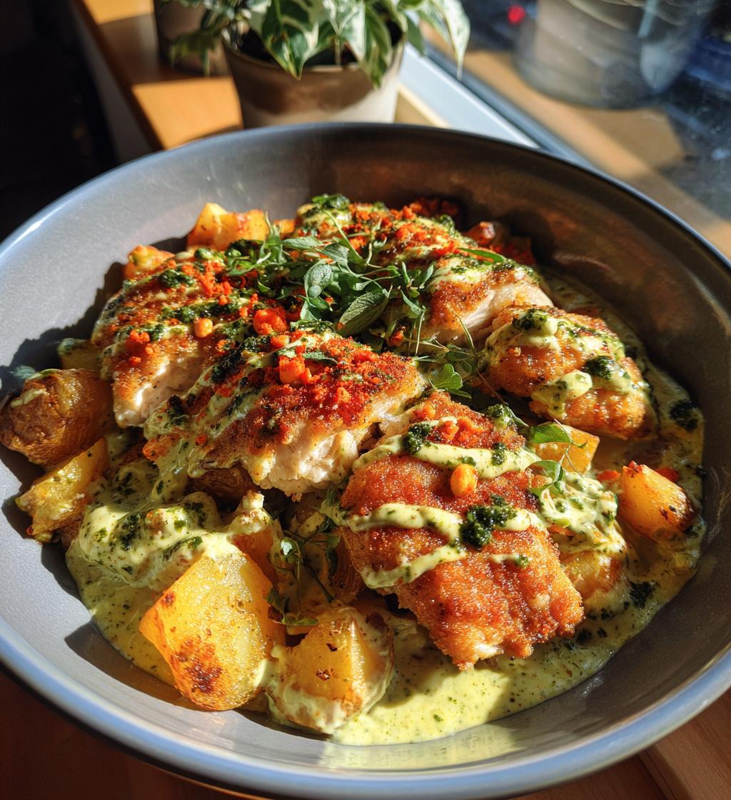 greek chicken alfredo garlic potatoes with spicy hot honey tahini pesto - detail 1