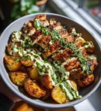 greek chicken alfredo garlic potatoes with spicy hot honey tahini pesto
