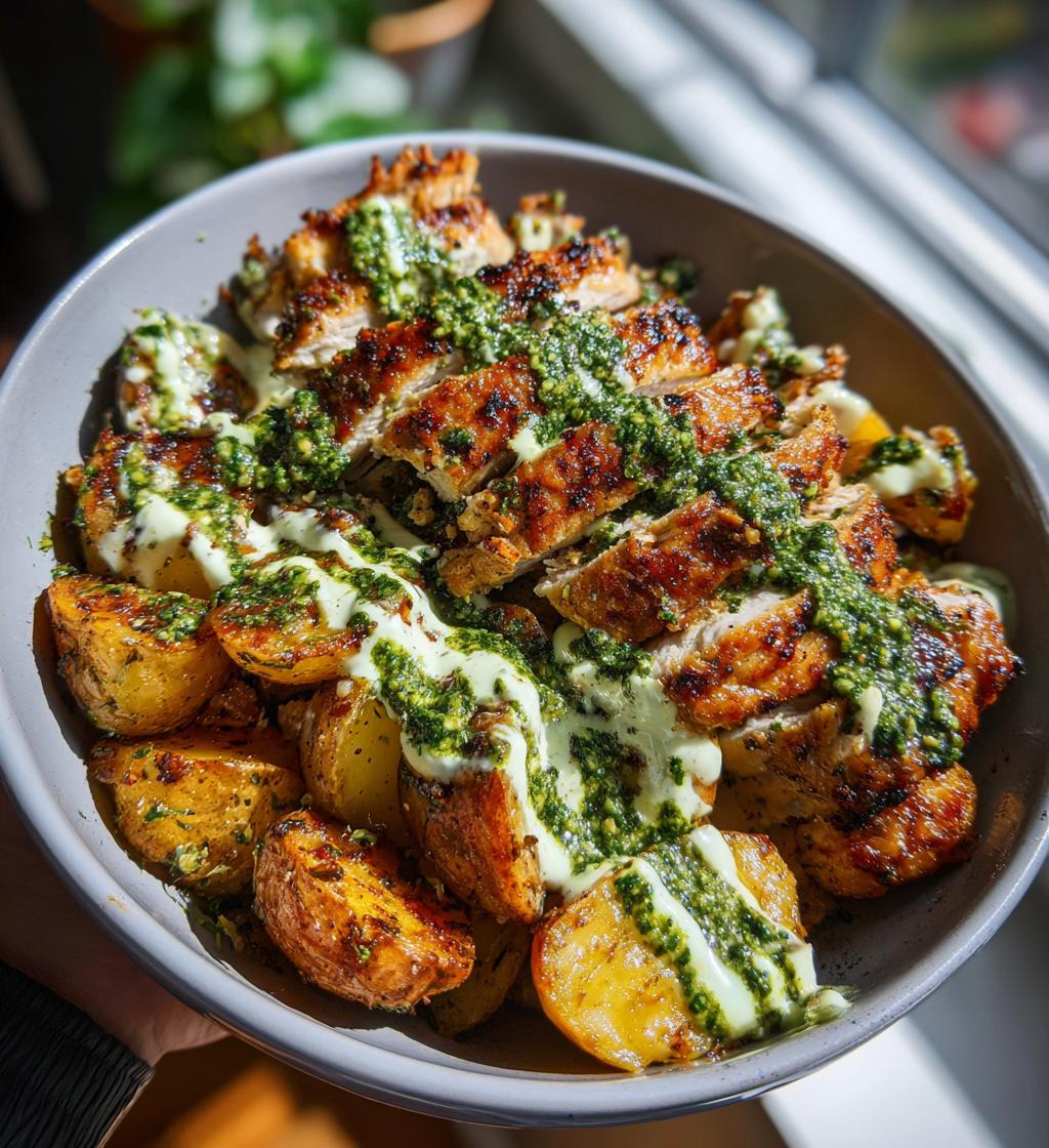 greek chicken alfredo garlic potatoes with spicy hot honey tahini pesto