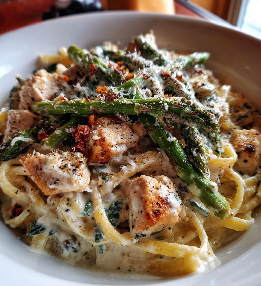 greek chili chicken alfredo recipe with smoked feta cream crispy parmesan asparagus - detail 1
