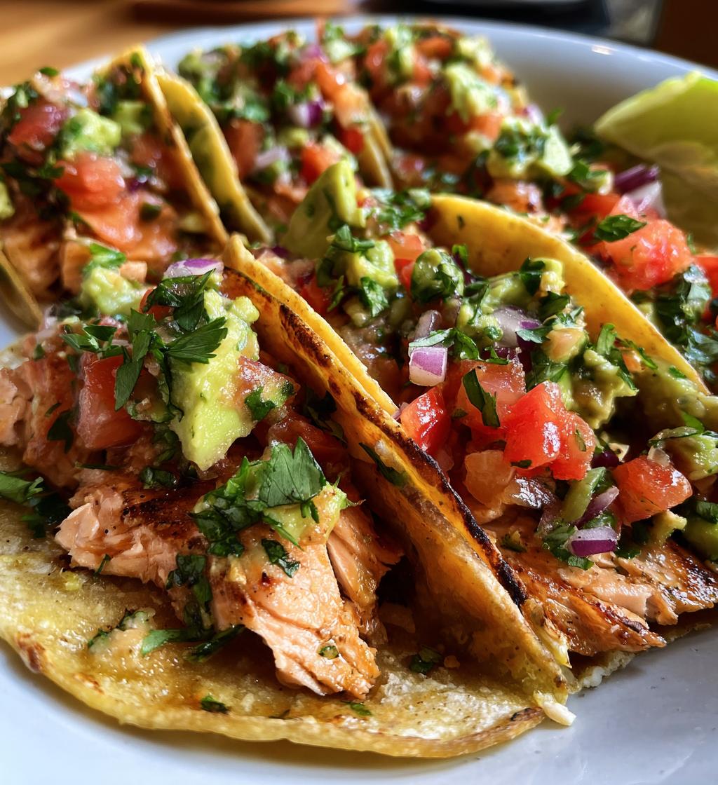 grilled salmon tacos with avocado salsa - detail 1