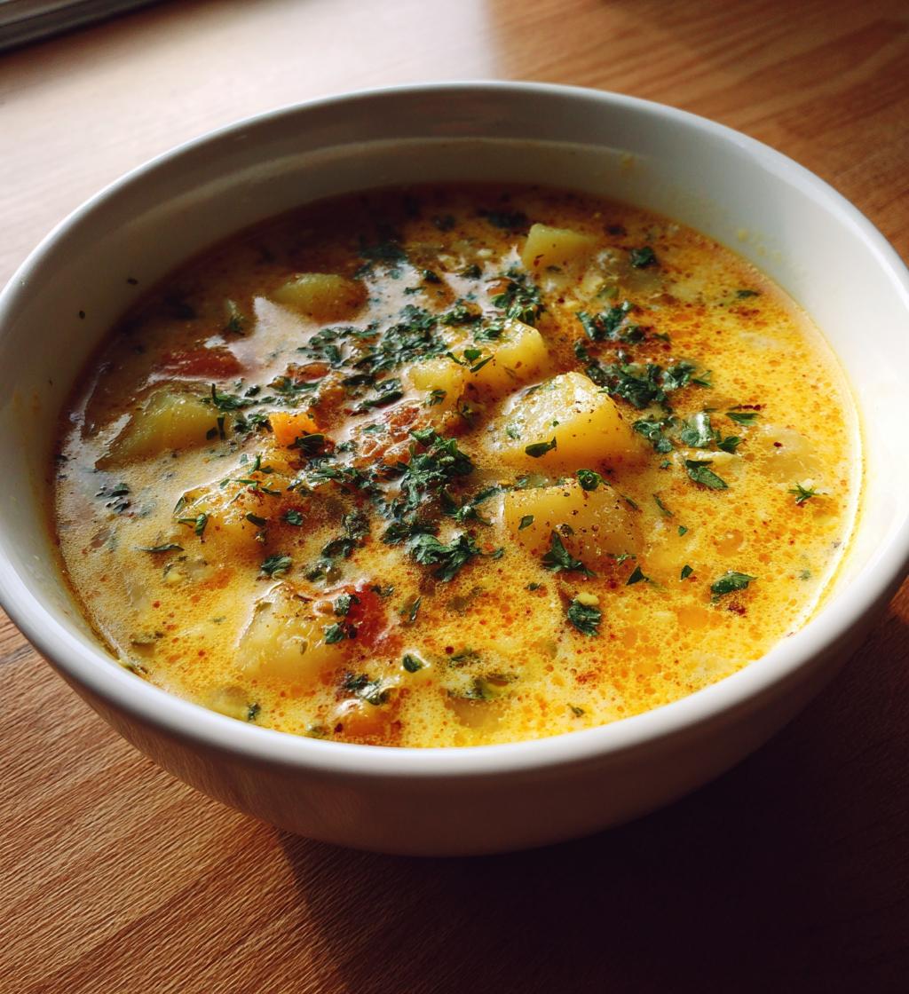 hearty cheddar garlic herb potato soup - detail 1