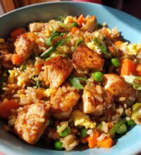 high protein crispy garlic chicken fried rice