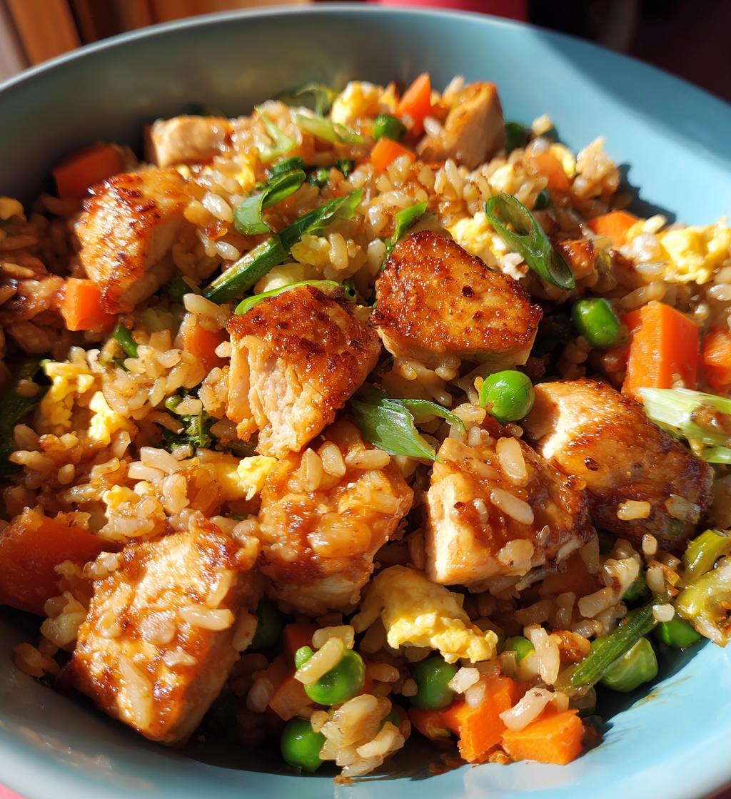 high protein crispy garlic chicken fried rice