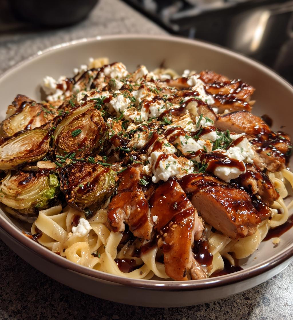 hot honey balsamic chicken alfredo with whipped feta crispy brussels chips - detail 1