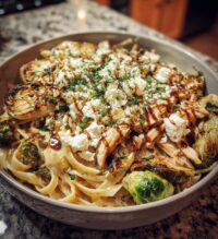hot honey balsamic chicken alfredo with whipped feta crispy brussels chips