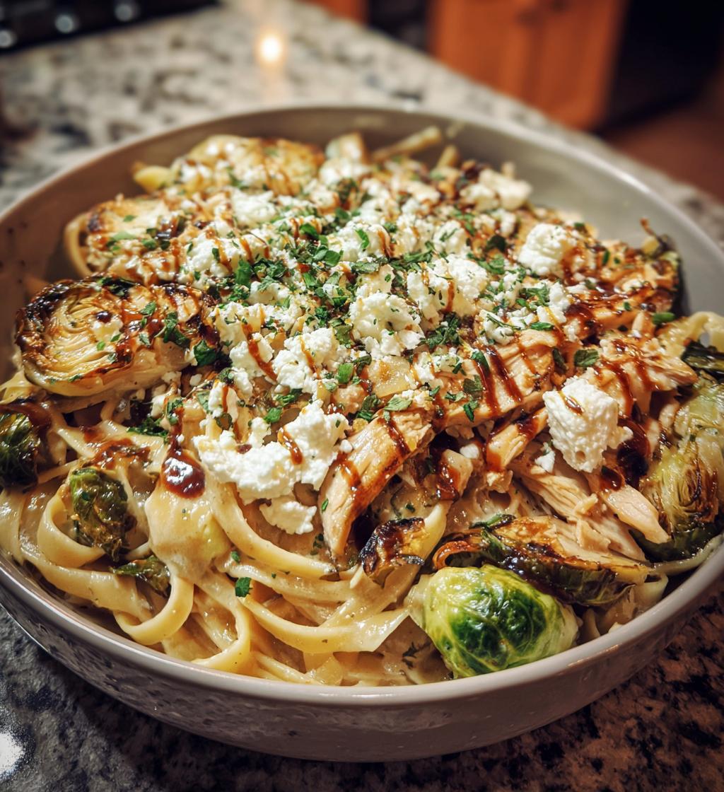 hot honey balsamic chicken alfredo with whipped feta crispy brussels chips