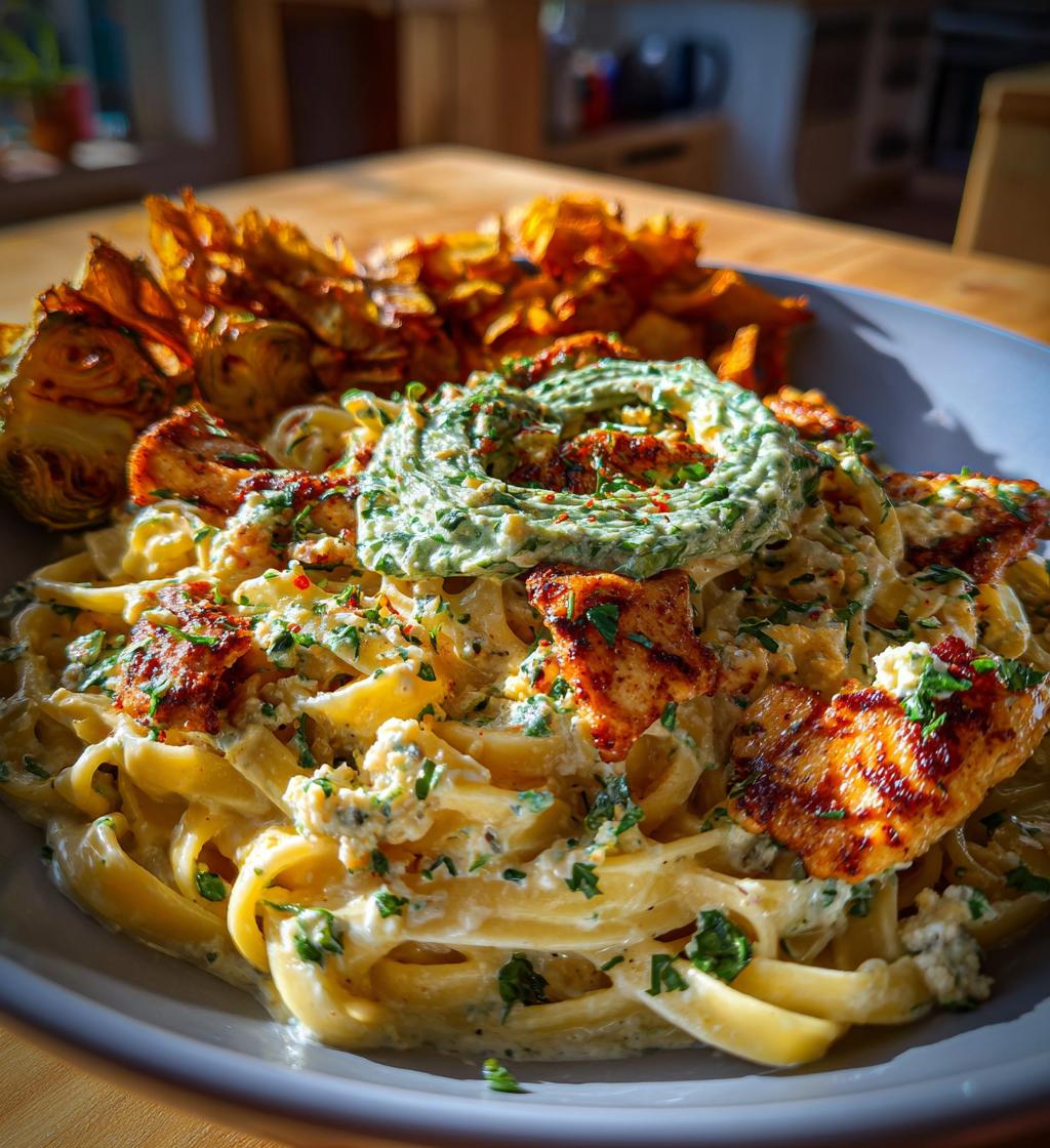 hot honey cajun chicken alfredo with basil feta swirl crispy brussels chips - detail 1