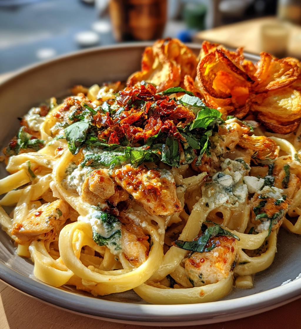 hot honey cajun chicken alfredo with basil feta swirl crispy brussels chips