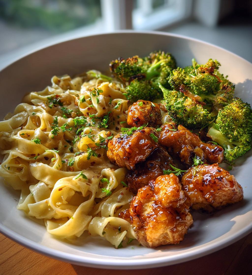 hot honey garlic chicken bites cajun alfredo with crispy broccoli twists - detail 1