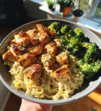 hot honey garlic chicken bites cajun alfredo with crispy broccoli twists