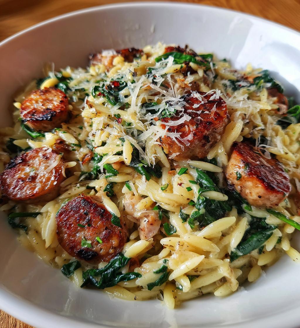 irresistible creamy chicken sausage orzo skillet - detail 1