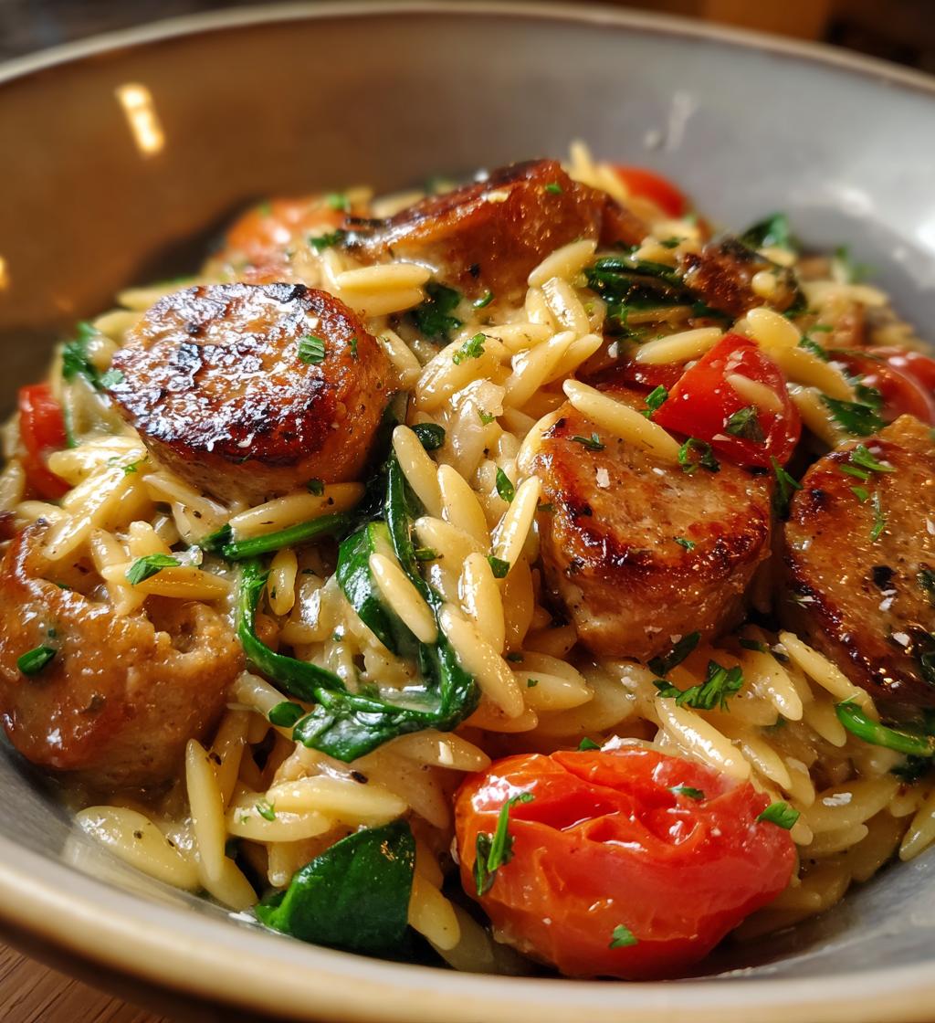 irresistible creamy chicken sausage orzo skillet - detail 1